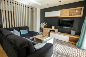 a living room with a couch and a tv at VIP Apartament in Rzeszów