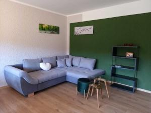 a living room with a blue couch and green walls at Ferienwohnung Mossauer Hoehe in Mossautal