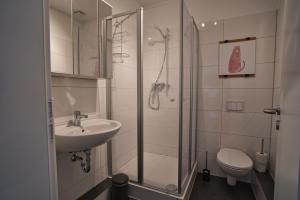 a bathroom with a shower and a sink and a toilet at Appartement Backstage in Rheine