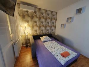 Un pequeño dormitorio con una cama morada en una habitación en Fischer Apartman 3, en Hajdúszoboszló