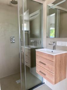 een badkamer met een wastafel en een douche bij Overnachting Vanjewelste in Enschede