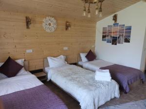 three beds in a room with wooden walls at La 3 Casute in Nufăru +50 photos