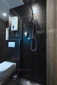 a bathroom with a toilet and a shower in it at Jordan Suite Executive Furnished Apartment in Düsseldorf