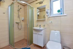 a bathroom with a shower and a toilet and a sink at Vila Tante in Šventoji +45 photos