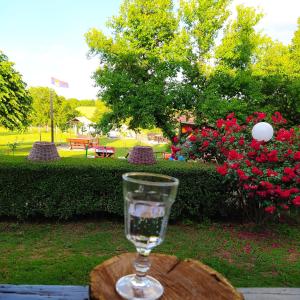 un vaso de agua sentado sobre una mesa en Dečiji vinogradi Belgrade, Sopot, Kosmaj en Sopot