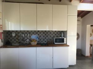 eine Küche mit weißen Schränken und einer Mikrowelle in der Unterkunft Quinta das Almas in São Roque do Pico