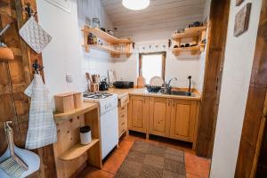 a kitchen with wooden cabinets and a stove top oven at Postaja Mir in the heart of Triglav National Park in Bohinj