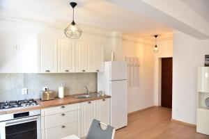 a kitchen with white cabinets and a white refrigerator at LULU Apartment in Şelimbăr