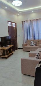 a living room with two couches and a flat screen tv at Heavenly ApHEARTment with backyard swimming pool in Dodoma