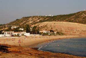 a group of people on a beach near the water at Vilamar in Luz