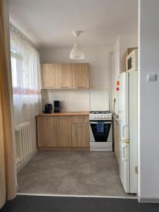 Mieszkanie 2 pokojowe في غدانسك: مطبخ مع موقد وثلاجة