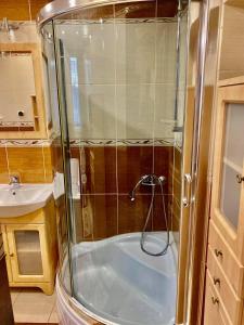eine Dusche in einem kleinen Bad mit Badewanne in der Unterkunft Pokoje Gościnne u Marysi in Białka Tatrzańska