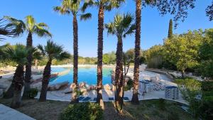 a pool with palm trees in a resort at Appartement climatisé Les restanques du Golfe de SAINT TROPEZ, in Grimaud