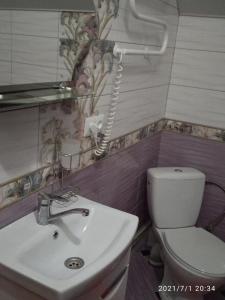 La salle de bains est pourvue de toilettes blanches et d'un lavabo. dans l'établissement У Марка, à Volosyanka
