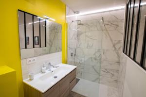 La salle de bains est pourvue d'un lavabo et d'une douche. dans l'établissement Chez Emile Le Jaune Vendée - T2 renové - Terrasse, à Niort
