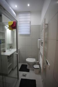 uma pequena casa de banho com WC e lavatório em Lakilak pihenőház a Holt-Tisza partján, termálfürdőnél, Lakitelek em Lakitelek