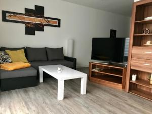 ein Wohnzimmer mit einem Sofa, einem TV und einem Tisch in der Unterkunft Ferienwohnungen am Feldrain - Gornau im Erzgebirge in Zschopau