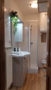 a bathroom with a white sink and a shower at Residence Fonte Eremita in Roccaraso