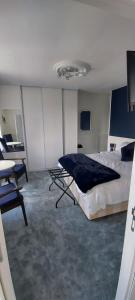 um quarto com uma cama, uma secretária e uma cadeira em Sycamore House em Laurière