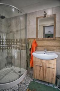 La salle de bains est pourvue d'un lavabo et d'une douche. dans l'établissement BIKE apartments 1, à Hodruša