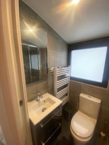 La salle de bains est pourvue de toilettes, d'un lavabo et d'une fenêtre. dans l'établissement Loft 3 chambres Bastille, Marais, Père Lachaise, à Paris