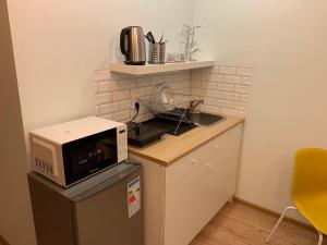 a microwave oven sitting on top of a refrigerator at Студия рядом с Московским вокзалом in Saint Petersburg