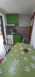 a kitchen with a green table with flowers on it at Smeštaj Ognjanović in Soko Banja