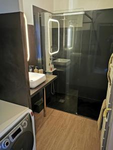 a bathroom with a sink and a shower with a mirror at Studio avec vue in Toulon