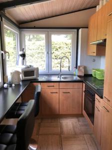 eine Küche mit einer Spüle und einer Mikrowelle in der Unterkunft vakantiehuisje Gerolstein in Gerolstein
