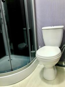 a bathroom with a white toilet and a shower at Santorini Odesa in Odesa +13 photos