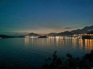 a view of a large body of water at night at Apartments Mitrovići Miločer in Sveti Stefan