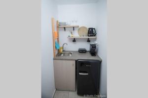 uma pequena cozinha com um lavatório e um balcão em Studio Gerani 2 em Porto Heli