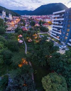 eine Aussicht über eine Stadt mit Gebäuden und Bäumen in der Unterkunft Dragonfly Gardens - The Wagons in Braşov