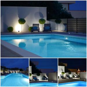 a collage of photos of a swimming pool at night at Apartments Vrania in Seget Vranjica