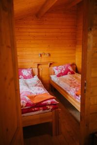 a room with two beds in a wooden cabin at Atpūtas kempings Usma in Usma