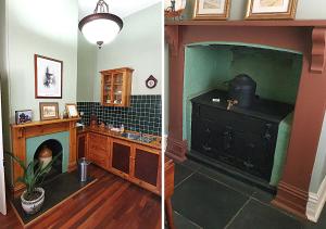 two pictures of a kitchen with a stove in a room at Burra Railway Station BnB in Burra