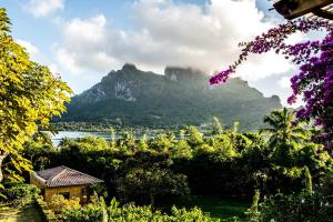 a view of a mountain with a house and trees at Villa Yrondi in Bora Bora