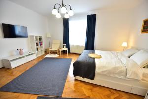 ein Schlafzimmer mit einem Bett und einem großen Fenster in der Unterkunft FLH - House Angelique in Sibiu