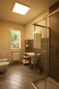 a bathroom with a glass shower and a sink at Corte Lantieri in Capriolo