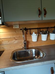 a sink in a kitchen with buckets on a counter at Davvi Siida - Reindeer Design Lodge in Kjøllefjord