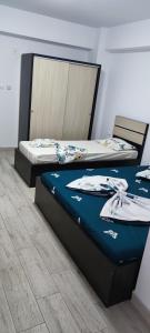 コスティネシュティにあるVila Axelのベッド2台が隣同士に設置された部屋です。