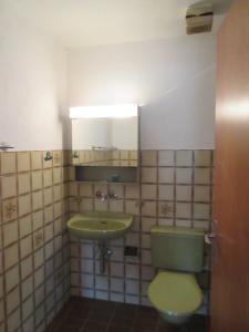 ein Badezimmer mit grünem WC und Waschbecken in der Unterkunft good bed Aarwangen in Aarwangen
