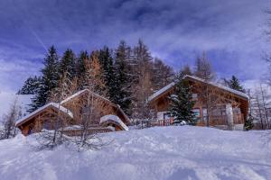 une cabane en rondins dans la neige avec des arbres en arrière-plan dans l'établissement La Belle Maison, à Peisey-Nancroix