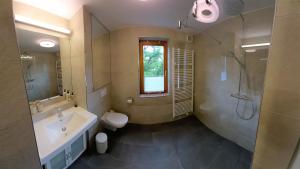 ein Badezimmer mit Waschbecken, Toilette und Dusche in der Unterkunft Apartment Denk in Bregenz