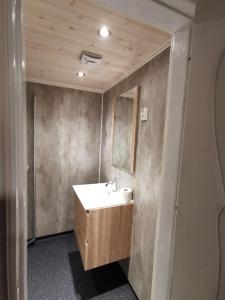 La salle de bains est pourvue d'un lavabo et d'un miroir. dans l'établissement STORHAUGEN GARD, à Lom