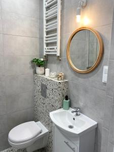 a bathroom with a toilet and a sink and a mirror at Apartament Jan III Sobieski in Rzeszów +18 photos
