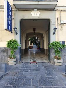 une entrée à un bâtiment avec deux plantes en pot dans l'établissement Hotel Fiorentina, à Naples