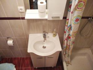uma casa de banho com um lavatório e uma cortina de chuveiro em Apartments LukaS em Tisno