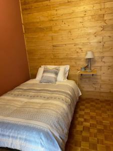 a bed in a room with a wooden wall at Affittacamere Buca di Bacco in Pontechianale