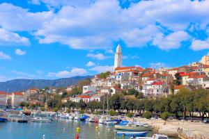 a town on a hill with boats in the water at Apartment Teo & Leon in Novi Vinodolski